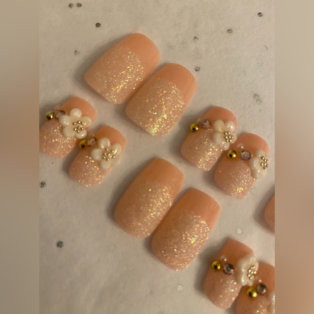 New French Bridal Nails PINK Manicure Floral Bling Jewels Pink Silver Daisy OS - Picture 4 of 14